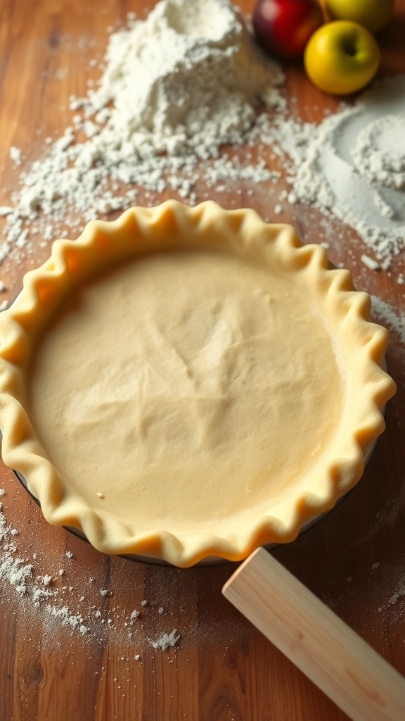 A rolled out pie crust on a wooden surface with a rolling pin and fresh fruits in the background.